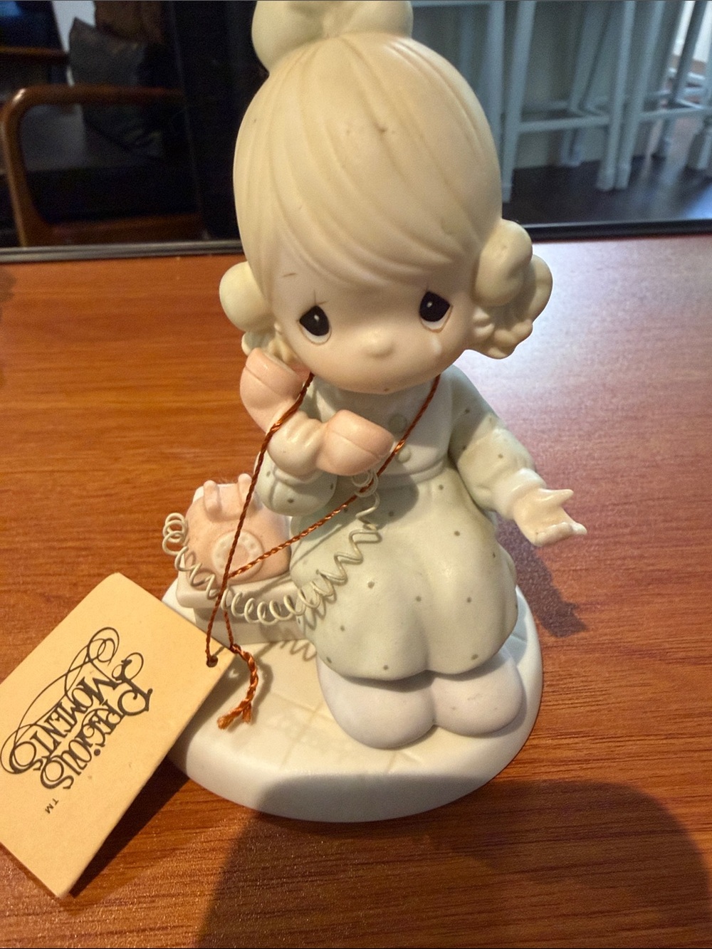 Precious Moments Girl Figurine with Pink Phone and Cream Dress